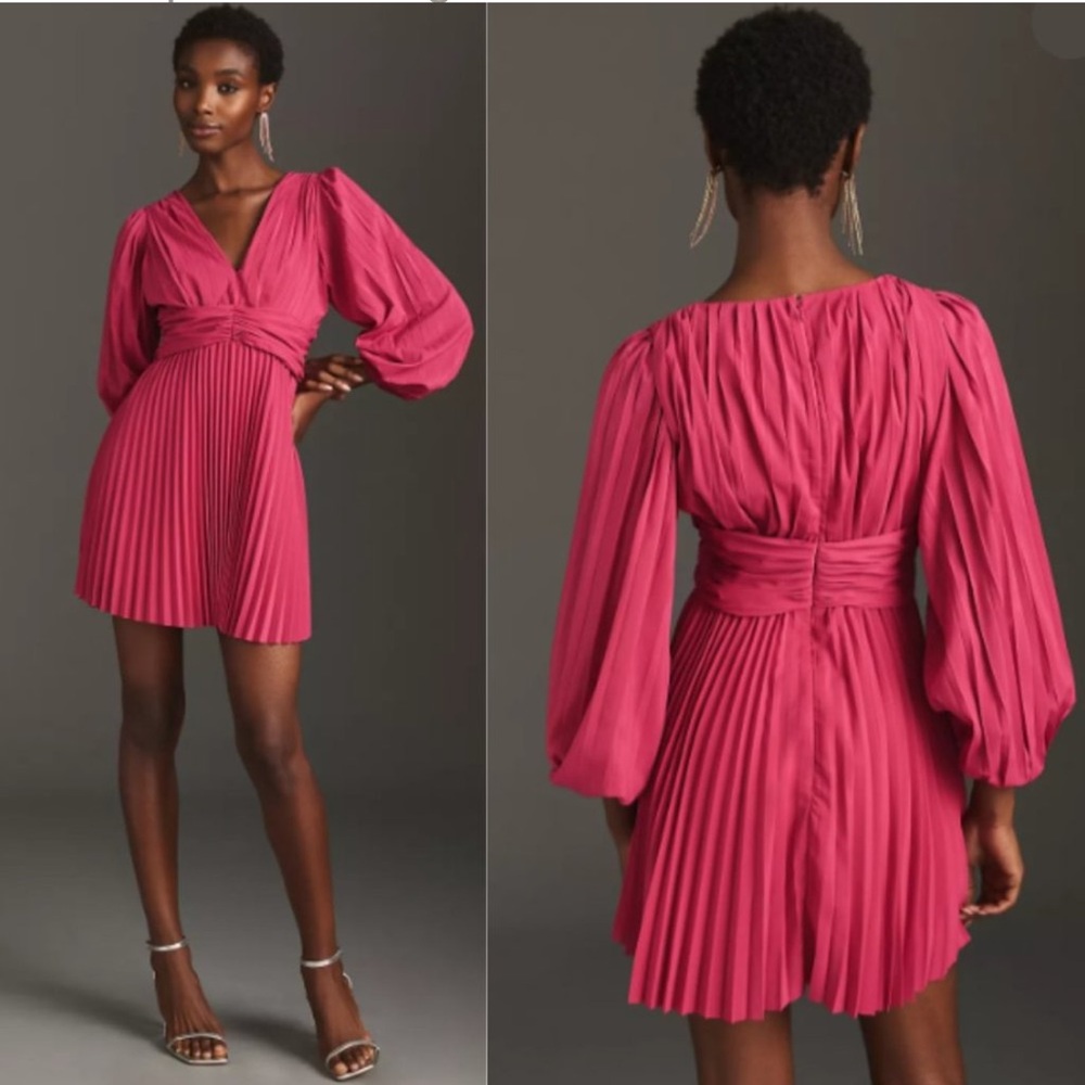 NWT Anthropologie Aureta Pleated Long-Sleeve V-Neck Dress Pink